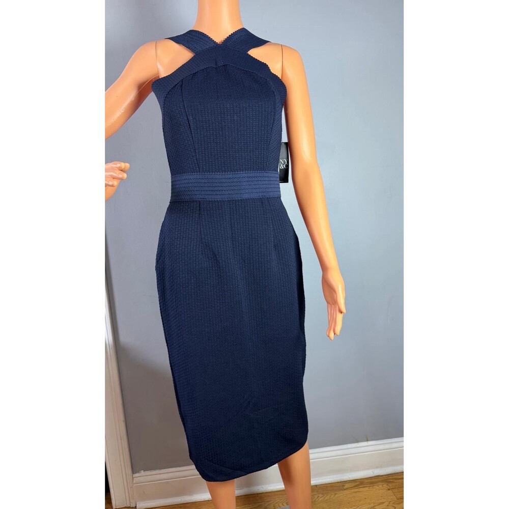 New York & Company Navy Blue Cross-Front Midi Dress